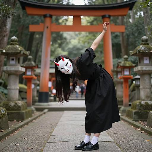 Mysterious Asian Woman in Forest Shrine