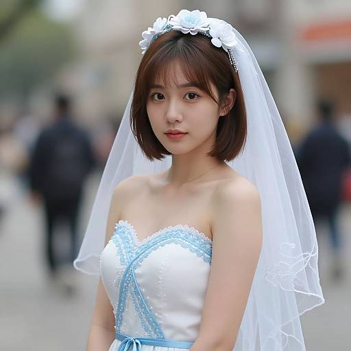 Photograph of a young Asian woman with short brown hair, wearing a white strapless wedding dress with blue lace and a white floral veil, standing in