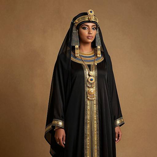 Photograph of a young woman with dark skin wearing an elaborate ancient Egyptian-style black dress and gold headdress, set against a plain brown background.
