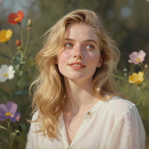Radiant Blonde Woman Among Sunlit Flowers