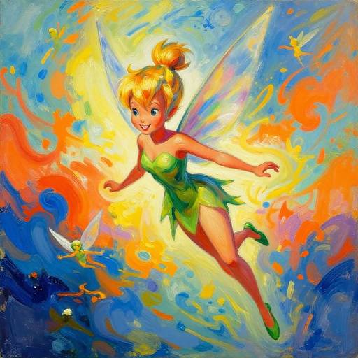 Vibrant digital painting of Tinker Bell with glowing wings, green dress, and orange hair, surrounded by colorful abstract splashes, floating beside a