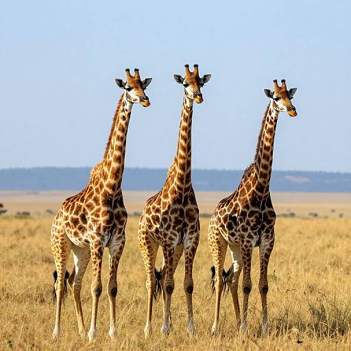 Photograph of three giraffes with distinct brown and white spotted patterns standing in a sunlit, golden grassland under a clear blue sky.