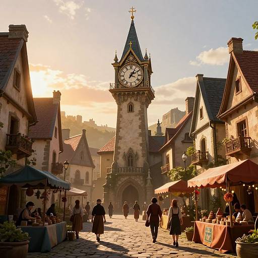 Fantasy Medieval Clock Tower at Sunset