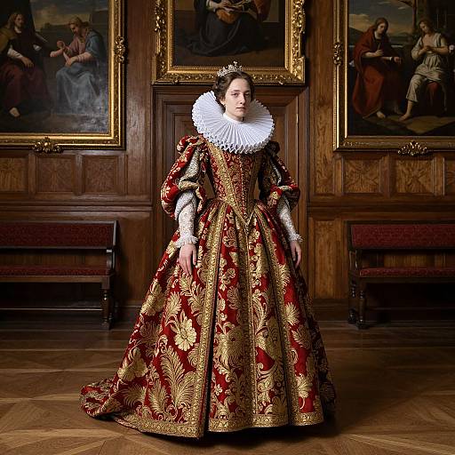 Photograph of a woman in a luxurious, red and gold Renaissance-style gown with white ruffled collar, standing in an ornate wooden-paneled room