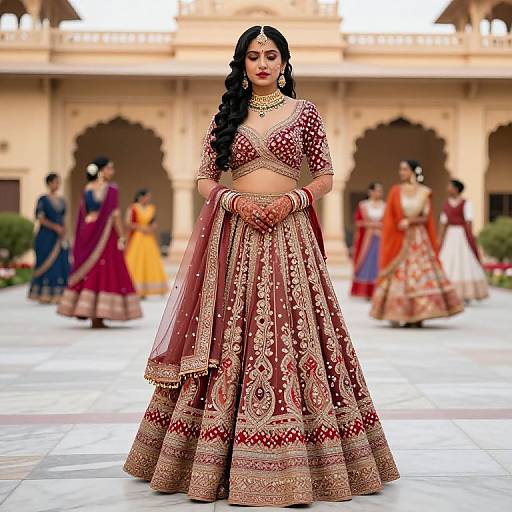 Photograph of an Indian woman in a red and gold traditional lehenga with intricate embroidery, standing in a courtyard with other women in colorful attire, blurred