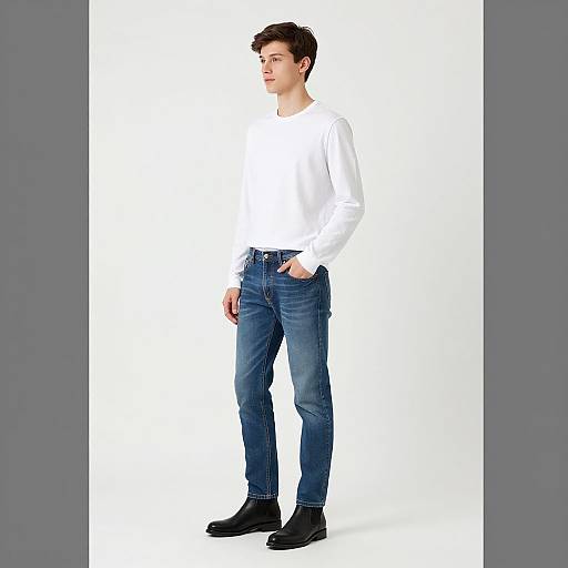 Photograph of a young man with short brown hair, wearing a white long-sleeve shirt, blue jeans, and black shoes, standing in profile