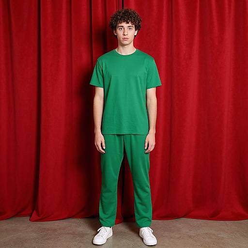 Photograph of a young man with curly dark hair, wearing a green t-shirt and matching green pants, white sneakers, standing against a rich red curtain