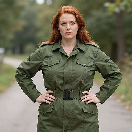 Woman in Green Military-Style Dress Outdoors