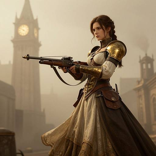 Digital art of a fierce, brown-haired woman in medieval armor and long dress, holding a gun, standing in a foggy, historical town square with