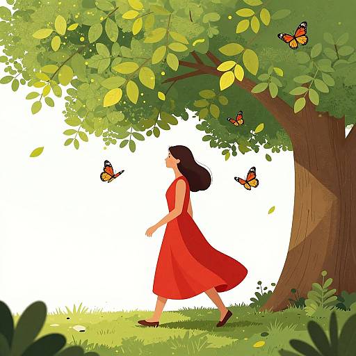 Digital illustration of a woman in a red dress walking under a leafy tree, surrounded by four butterflies, on a sunny day.