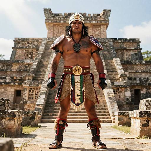Photograph of a muscular, shirtless man in Mayan warrior attire, including helmet, shoulder armor, loincloth, and leg guards, standing