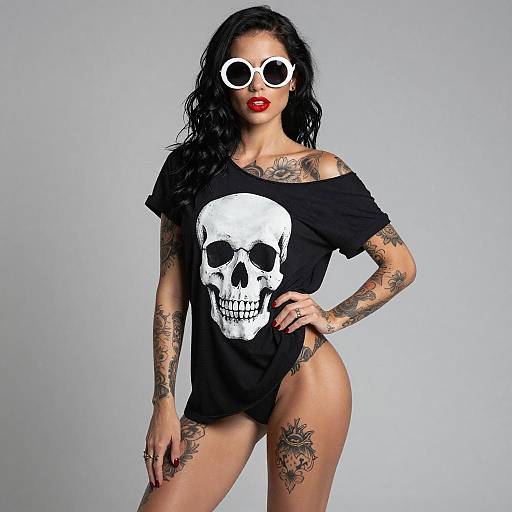 Tattooed Woman with Skull Shirt