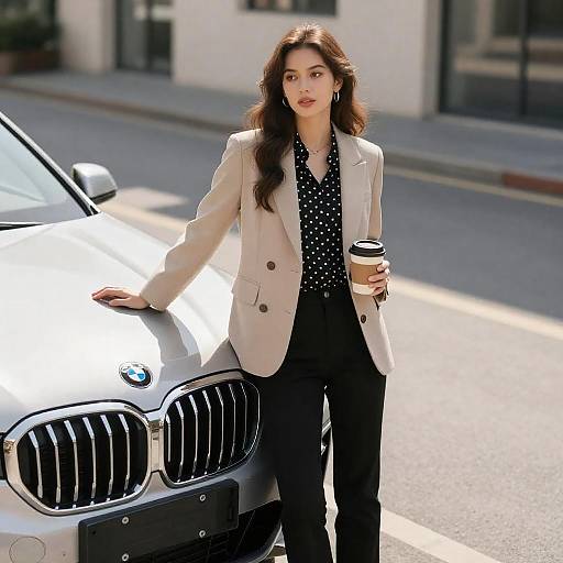 Young Woman Leaning on Silver SUV