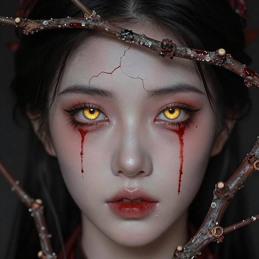 Surreal Fantasy Female Portrait with Golden Eyes and Blood Tears