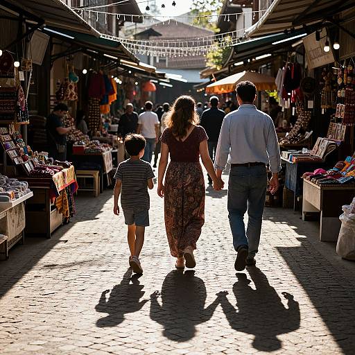 Photograph of a family walking down a sunlit, crowded market street, with stalls on both sides, shadows stretching across the cobblestone path.