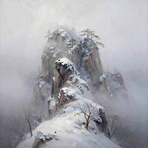 Serene Snowy Peak in Fog
