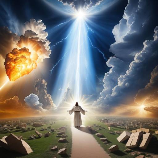 Spiritual Figure with Light Beam and Apocalyptic Clouds