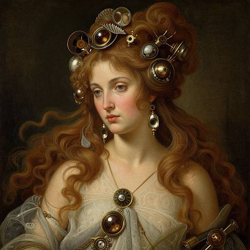 Baroque-style digital painting of a fair-skinned woman with flowing red hair, adorned with intricate gold jewelry and pearls, wearing a sheer, patterned