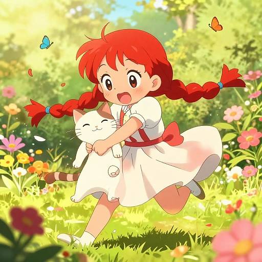 Anime-style drawing: Red-haired girl with braids, white dress, hugs white cat in sunlit, colorful garden, surrounded by butterflies and flowers.