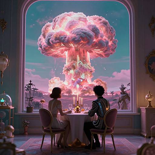 Surreal Vaporwave Couple Witnessing Explosion