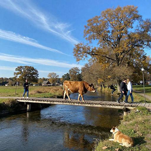 Cow Crossing on Autumn Wooden Bridge