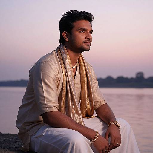 Photograph of a handsome, dark-haired Indian man in a white kurta and gold scarf, sitting by a calm lake at sunset.