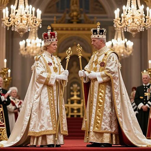 Photograph of two Catholic bishops in ornate white and gold ceremonial robes, crowned with jeweled mitres, holding staffs, in a grand,