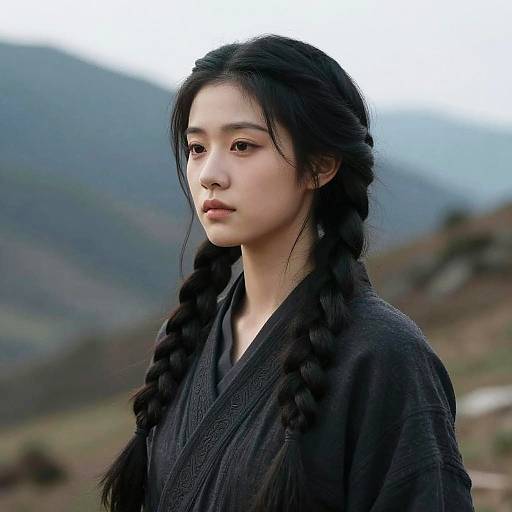 Photograph of an East Asian woman with long black braids, wearing a black kimono, standing in a mountainous, blurred outdoor background.