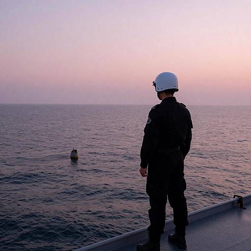 Military Figure Against Pink Ocean Sunset