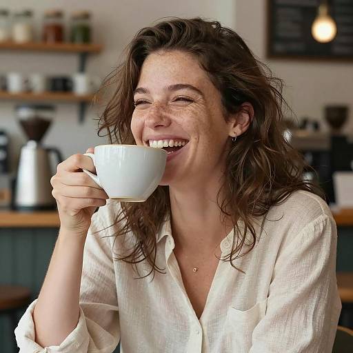 Freckled Woman Laughing with Coffee
