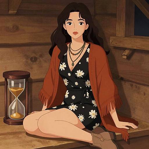 Digital illustration of a woman with long black hair, wearing a black floral dress, red shawl, and brown ankle boots, sitting on a wooden floor
