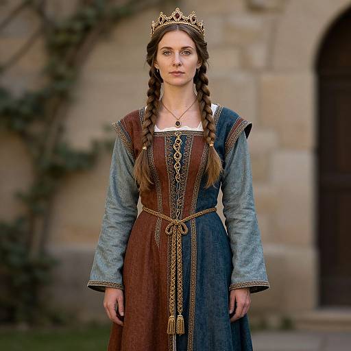 Photograph of a young woman with braided brown hair, wearing a gold crown, medieval-style dress, and blue sleeves, standing in front of a