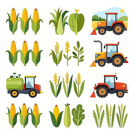 Colorful digital illustration of corn plants, tractors, and agricultural tools in a 3x4 grid layout on a white background.