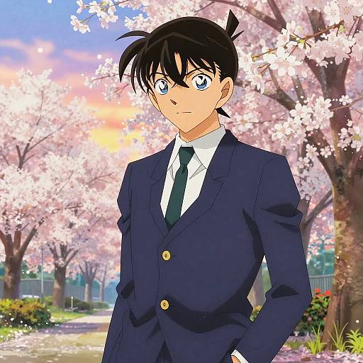 Anime-style illustration of a serious black-haired boy in a navy school blazer, white shirt, and black tie, standing under cherry blossoms at sunset