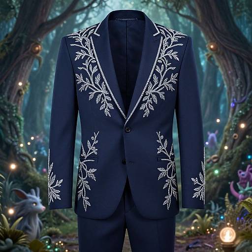 Enchanted forest photograph with a dark navy suit adorned with white floral embroidery, surrounded by glowing fairy lights and magical creatures.