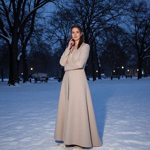 Photograph of a woman in a long beige coat standing in a snowy park at twilight, bare trees and park benches in the background.