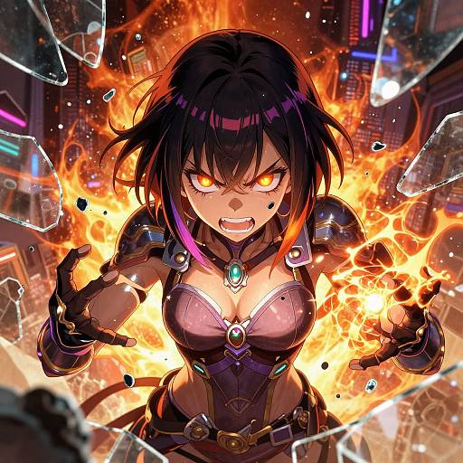Digital anime-style artwork: Furious, black-haired woman with glowing orange eyes and fiery aura, wearing armored pink bra and black gloves, surrounded by shattered glass