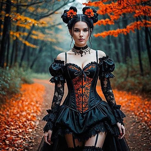 Young Woman in Black and Orange Halloween Costume in Autumn Forest