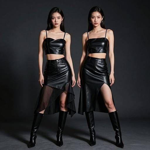 Photograph of two Asian women with long black hair, wearing black leather crop tops and skirts with thigh-high slits, black knee-high boots, standing