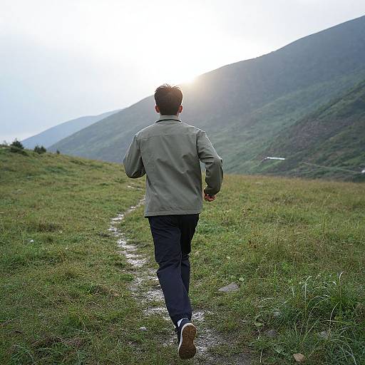 Photograph of a man in a gray jacket and dark pants walking away on a grassy path towards a sunlit mountain.