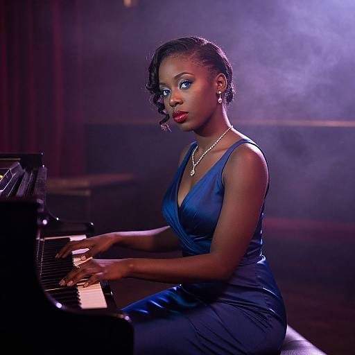 Photograph of a beautiful, dark-skinned Black woman with short, curly hair, wearing a blue satin dress, playing a piano in a smoky