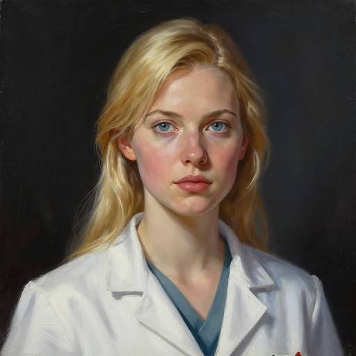 Digital portrait of a blonde woman with blue eyes, wearing a white lab coat, against a dark background. Realistic style.