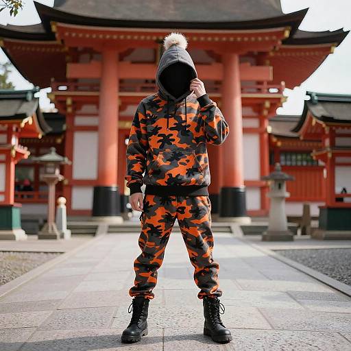 Photograph of a child in an orange-black camouflage onesie, hood up with pom-pom, standing in front of a traditional Japanese red torii