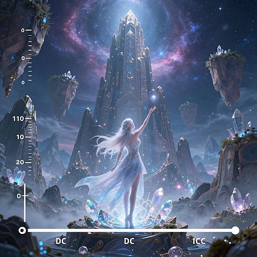 Digital fantasy artwork: A glowing, ethereal woman with long white hair stands on a crystal island, arms raised, beneath a radiant, towering crystal sp