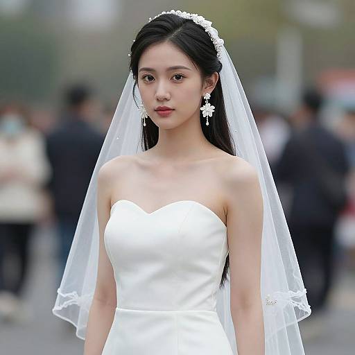 Photograph of an East Asian bride with long black hair, wearing a white strapless wedding dress, veil, and floral earrings, standing in a blurred