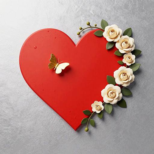 Red Heart with Floral Bouquet and Butterfly