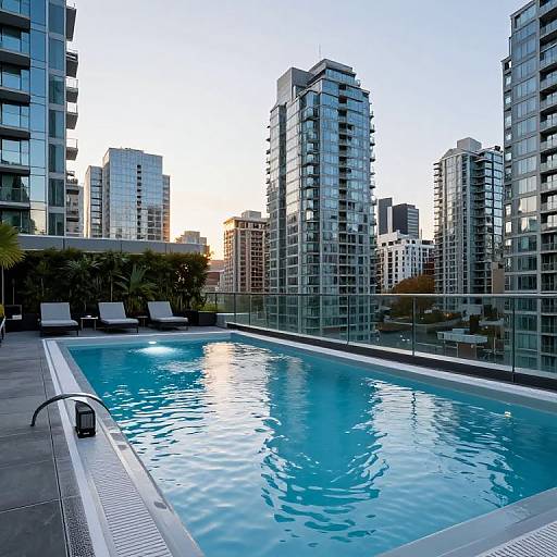 Photograph of a rooftop pool in a modern urban setting, surrounded by tall glass buildings at sunset, with clear blue water and white lounge chairs on the