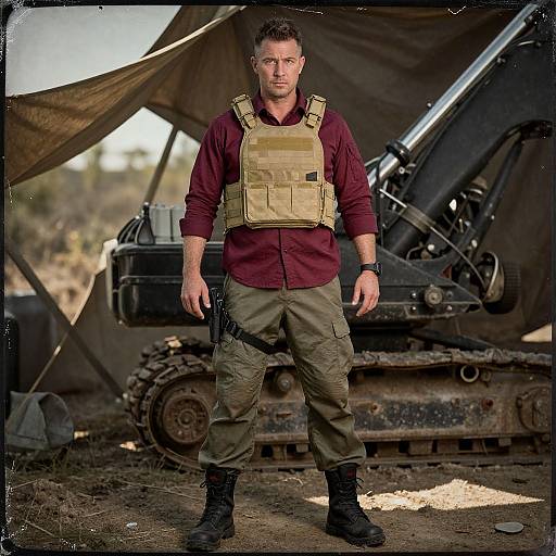 Photograph of a serious, blue-eyed man with short brown hair, wearing a tan tactical vest, maroon shirt, green pants, and black boots