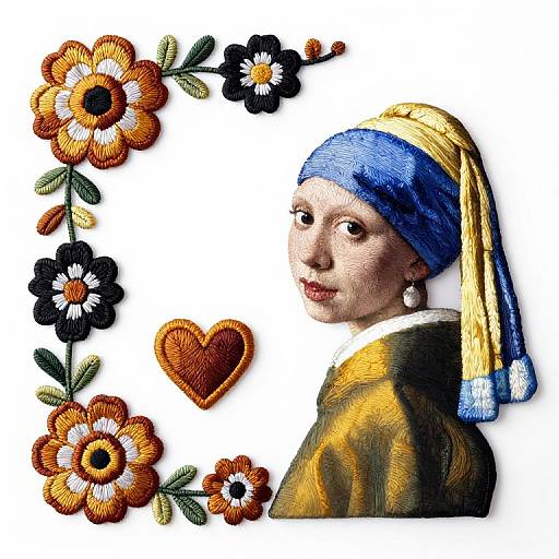 Digital artwork of a woman in a traditional Dutch dress with blue headscarf, surrounded by embroidered orange, black, and white flowers and a red heart