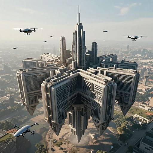 Floating Labyrinthine Metropolis with Drones